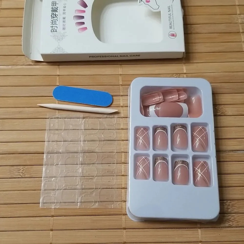 24 Glitter and striped french tip press on nails set - Picture 3 of 4